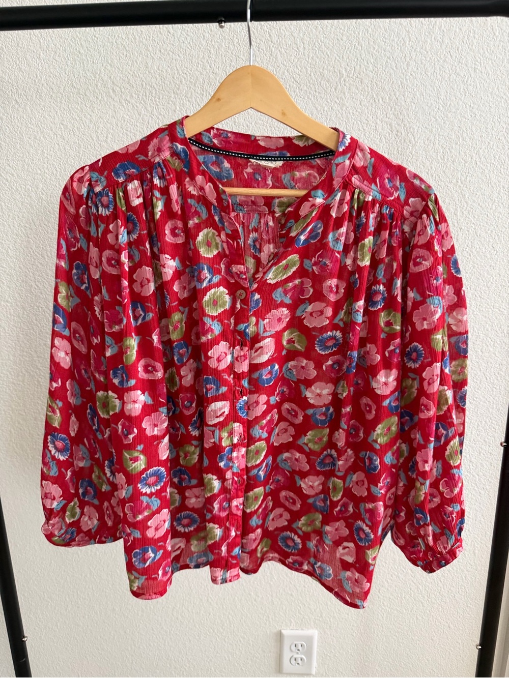 Pilcro Anthropologie Red Floral Cotton Peasant Blouse XS